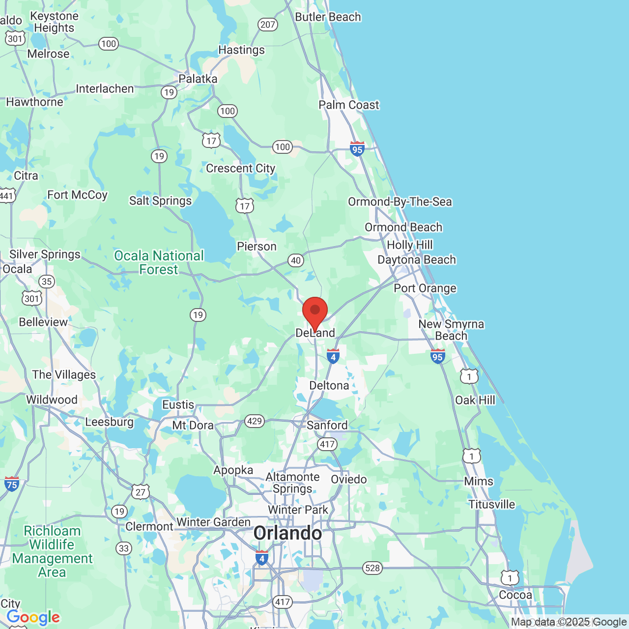Google map image of our location in 100 E New York Ave DeLand, FL