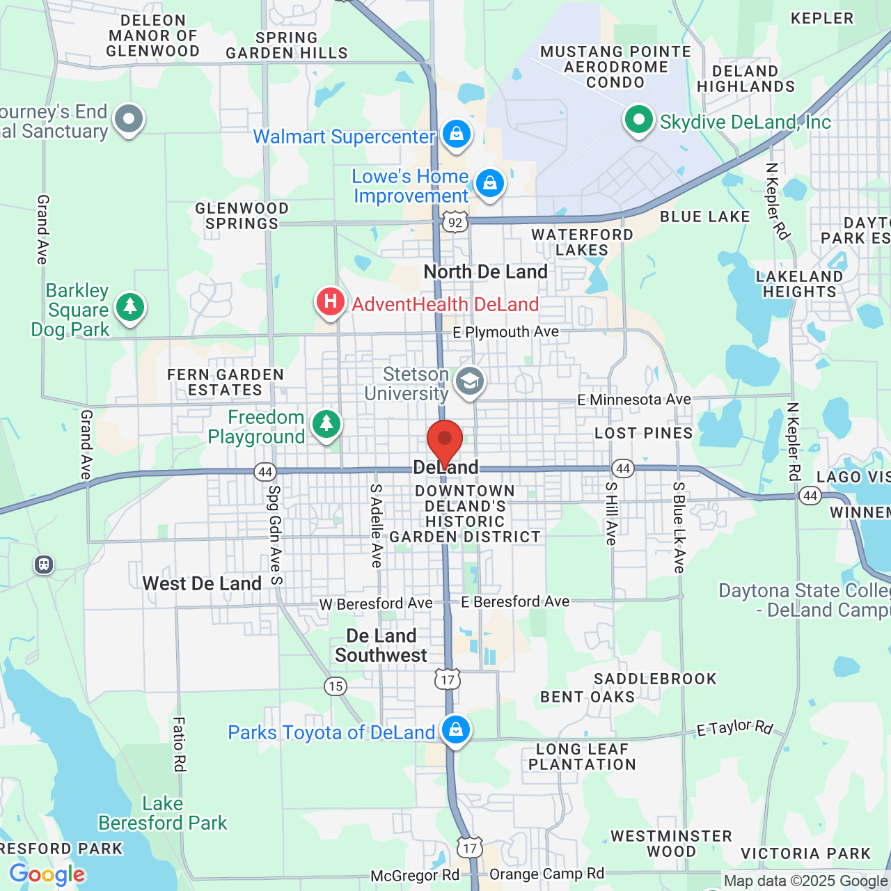 Google map image of our location in 100 E New York Ave DeLand, FL